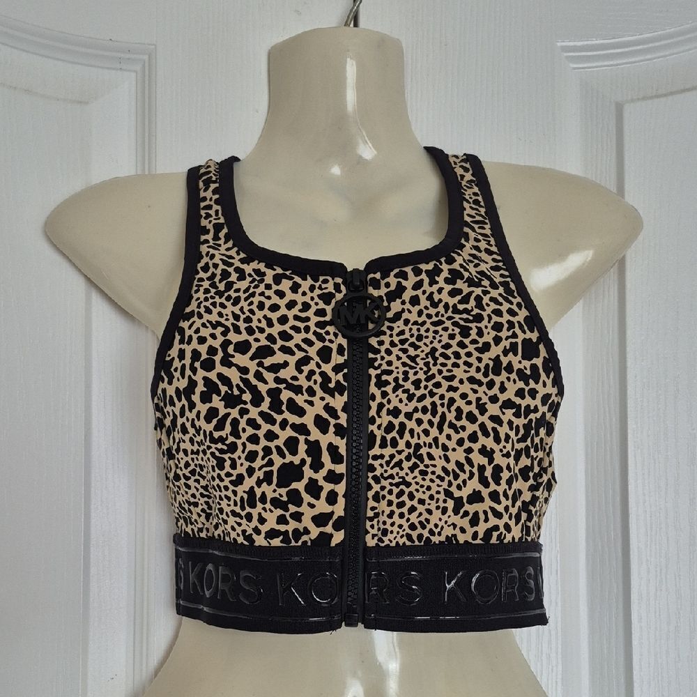 Michael Kors Black and Cream Leopard Crop Racer Back Top